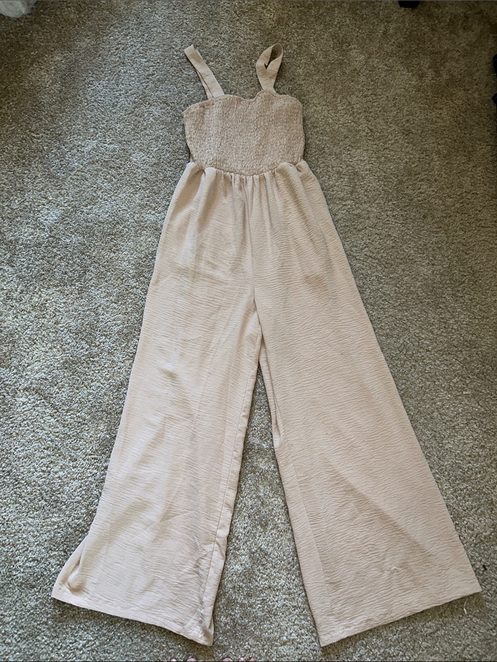SHEIN Light Beige Wide-Leg Smocked Jumpsuit